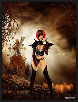 Rámovaný plakát Goth girl in cemetary on halloween night